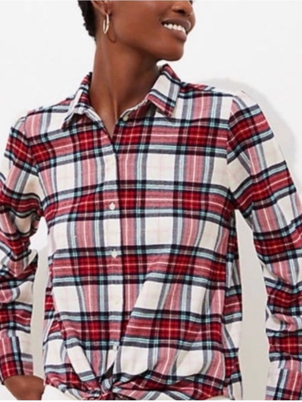 LOFT Red White Plaid Button-Down Shirt Size Large Petite